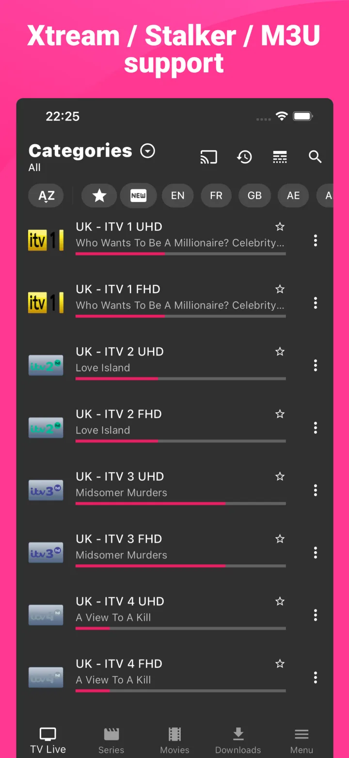 IPTV Expert mobiele lay-out voor live kanalen en bronnavigatie