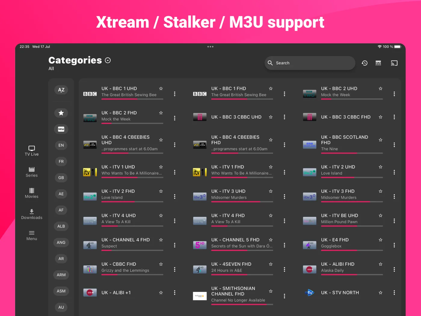 IPTV Expert tabletindeling voor live kanalen en bronnavigatie