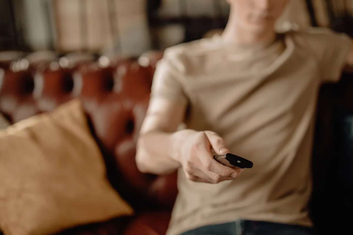 Hand holding a media streaming remote control in a living room